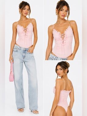 O.Vianca Pink Ruched Lace Up Bodysuit Small